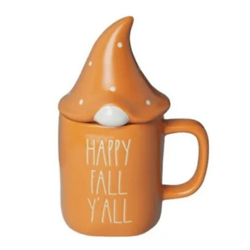 NEW Rae Dunn NEW “HAPPY FALL YALL” Fall Orange Mug With Gnome Lid